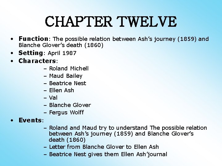 CHAPTER TWELVE • Function: The possible relation between Ash’s journey (1859) and Blanche Glover’s