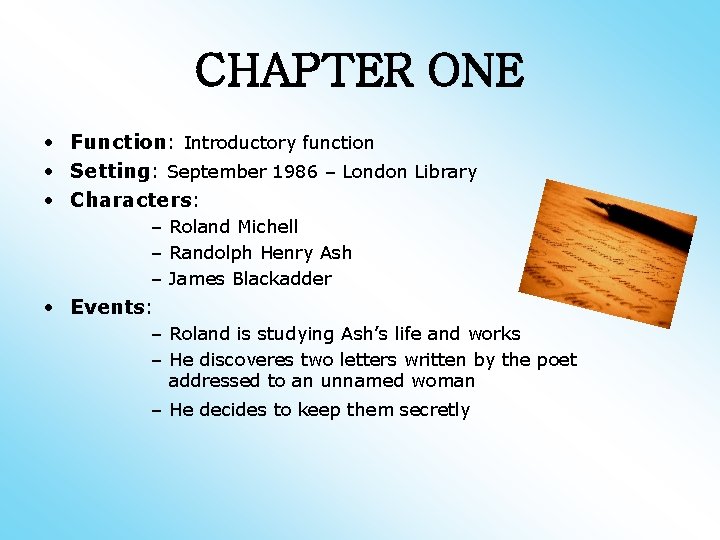 CHAPTER ONE • Function: Introductory function • Setting: September 1986 – London Library •