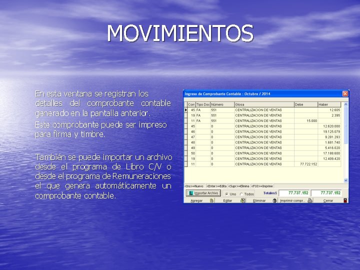 MOVIMIENTOS En esta ventana se registran los detalles del comprobante contable generado en la