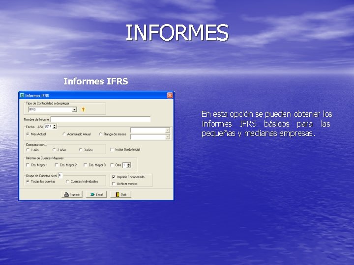 INFORMES Informes IFRS En esta opción se pueden obtener los informes IFRS básicos para