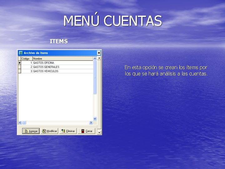 MENÚ CUENTAS ITEMS En esta opción se crean los ítems por los que se