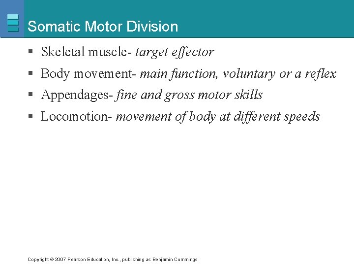 Somatic Motor Division § Skeletal muscle- target effector § Body movement- main function, voluntary