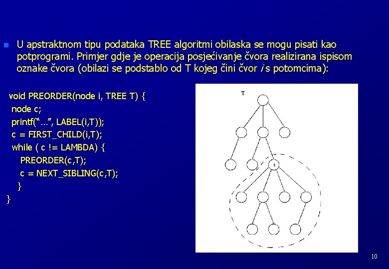 n U apstraktnom tipu podataka TREE algoritmi obilaska se mogu pisati kao potprogrami. Primjer