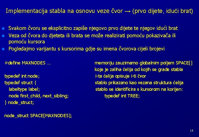 Implementacija stabla na osnovu veze čvor → (prvo dijete, idući brat) n n n