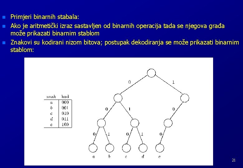 n n n Primjeri binarnih stabala: Ako je aritmetički izraz sastavljen od binarnih operacija