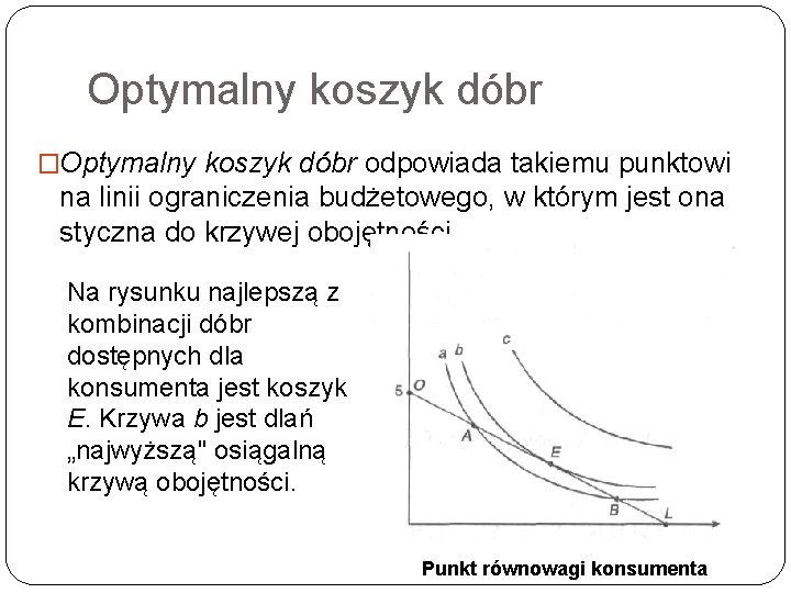 Optymalny koszyk dóbr �Optymalny koszyk dóbr odpowiada takiemu punktowi na linii ograniczenia budżetowego, w