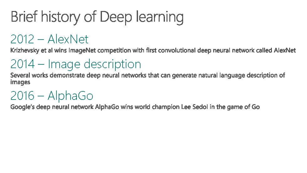 2012 – Alex. Net 2014 – Image description 2016 – Alpha. Go 