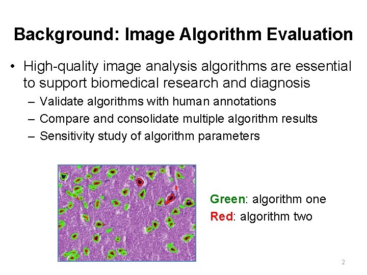 Background: Image Algorithm Evaluation • High-quality image analysis algorithms are essential to support biomedical