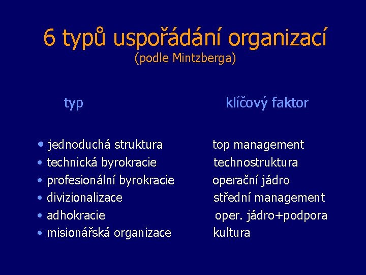 6 typů uspořádání organizací (podle Mintzberga) typ • jednoduchá struktura • • • technická