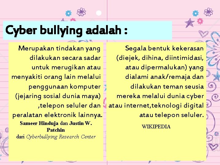 Cyber bullying adalah : Merupakan tindakan yang Segala bentuk kekerasan dilakukan secara sadar (diejek,