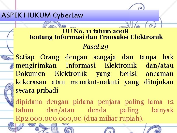 ASPEK HUKUM Cyber. Law UU No. 11 tahun 2008 tentang Informasi dan Transaksi Elektronik