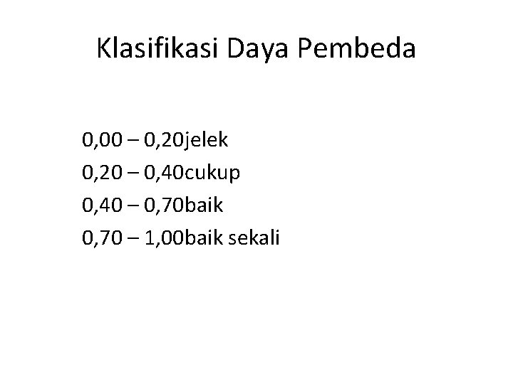 Klasifikasi Daya Pembeda 0, 00 – 0, 20 jelek 0, 20 – 0, 40