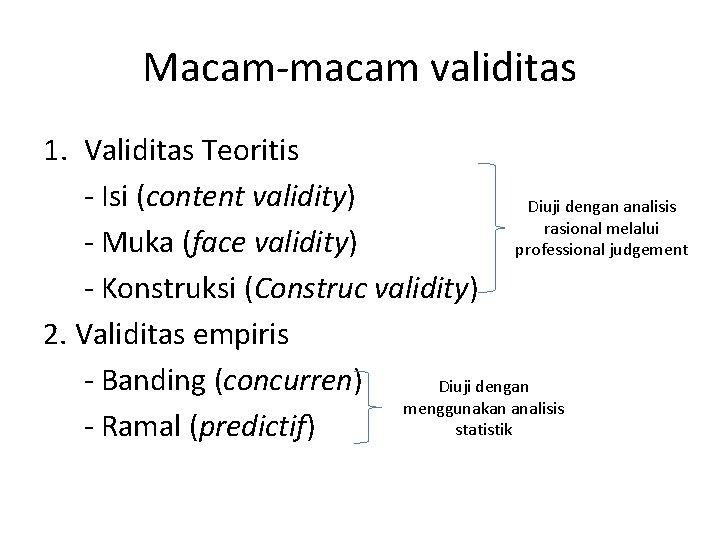 Macam-macam validitas 1. Validitas Teoritis - Isi (content validity) Diuji dengan analisis rasional melalui