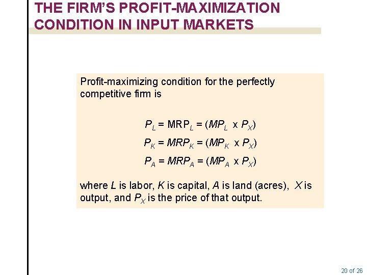 THE FIRM’S PROFIT-MAXIMIZATION CONDITION IN INPUT MARKETS Profit-maximizing condition for the perfectly competitive firm