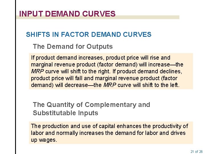 INPUT DEMAND CURVES SHIFTS IN FACTOR DEMAND CURVES The Demand for Outputs If product