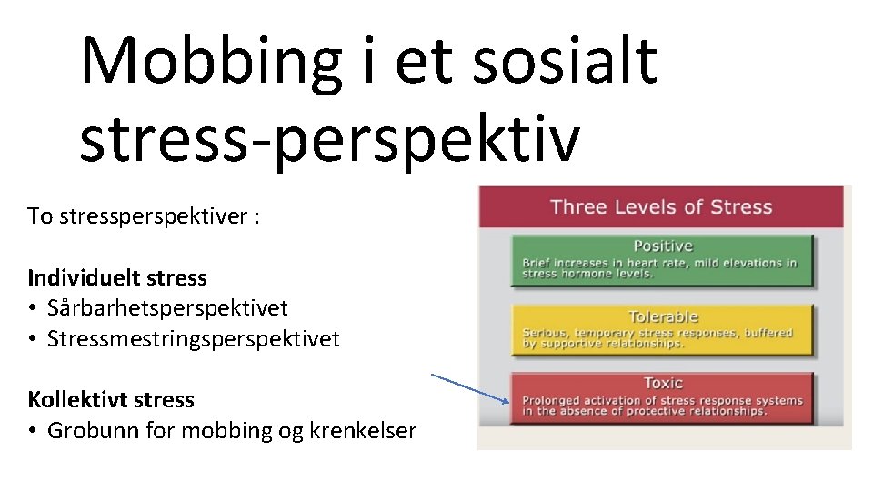 Mobbing i et sosialt stress-perspektiv To stressperspektiver : Individuelt stress • Sårbarhetsperspektivet • Stressmestringsperspektivet