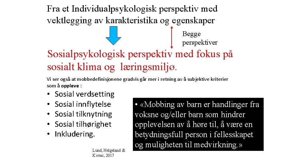 Fra et Individualpsykologisk perspektiv med vektlegging av karakteristika og egenskaper Begge perspektiver Sosialpsykologisk perspektiv