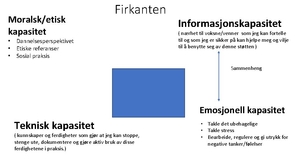 Moralsk/etisk kapasitet Firkanten • Dannelsesperspektivet • Etiske referanser • Sosial praksis Informasjonskapasitet ( nærhet