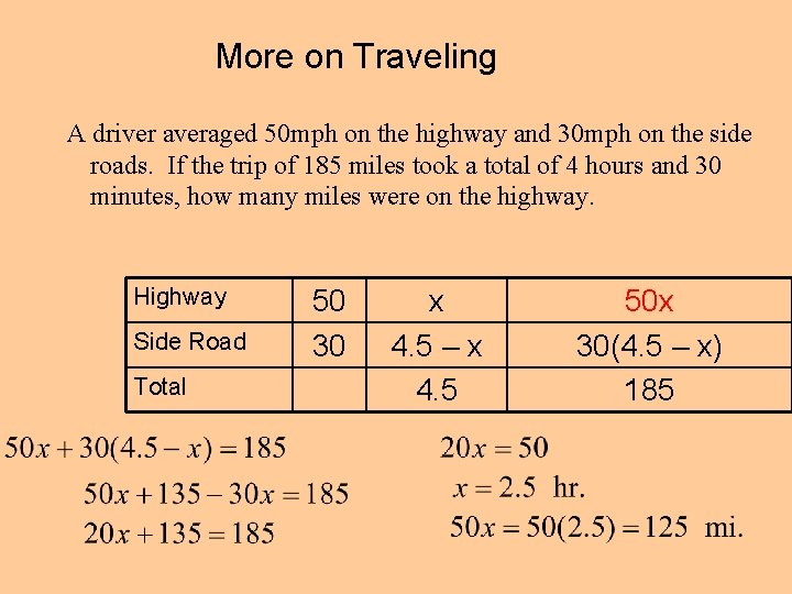 More on Traveling A driver averaged 50 mph on the highway and 30 mph