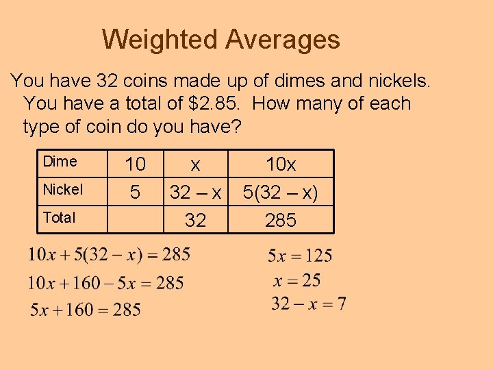 Weighted Averages You have 32 coins made up of dimes and nickels. You have