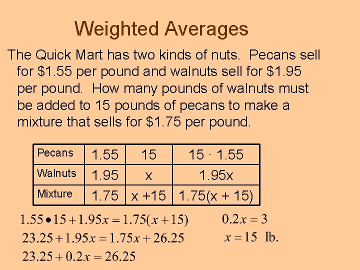 Weighted Averages The Quick Mart has two kinds of nuts. Pecans sell for $1.