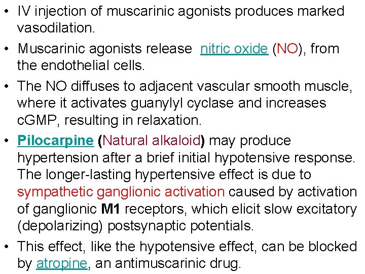  • IV injection of muscarinic agonists produces marked vasodilation. • Muscarinic agonists release