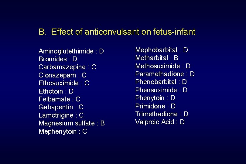 B. Effect of anticonvulsant on fetus-infant Aminoglutethimide : D Bromides : D Carbamazepine :