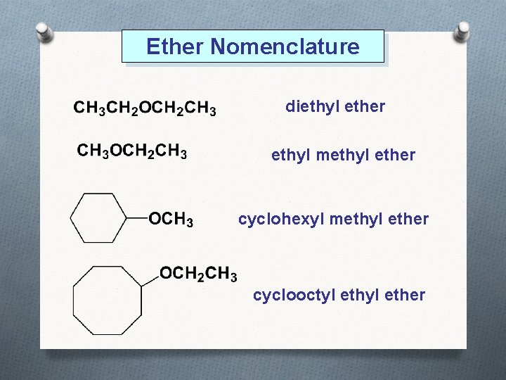 Ether Nomenclature diethyl ether ethyl methyl ether cyclohexyl methyl ether cyclooctyl ether 