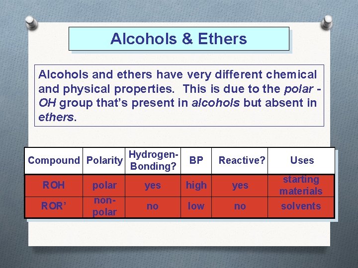 Alcohols & Ethers Alcohols and ethers have very different chemical and physical properties. This