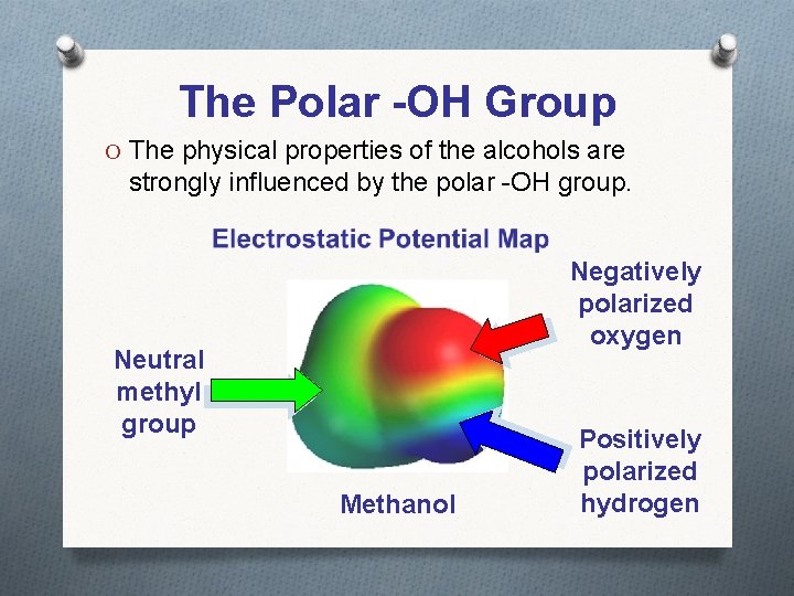 The Polar -OH Group O The physical properties of the alcohols are strongly influenced