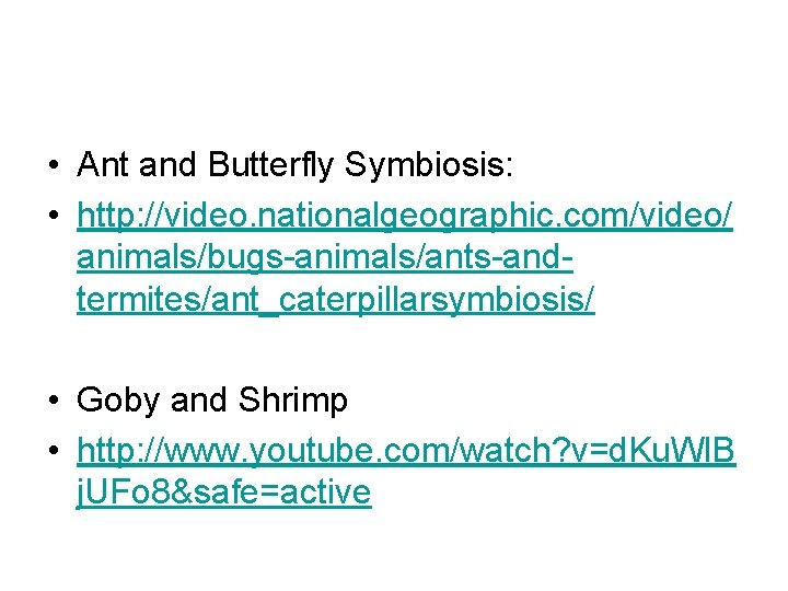  • Ant and Butterfly Symbiosis: • http: //video. nationalgeographic. com/video/ animals/bugs-animals/ants-andtermites/ant_caterpillarsymbiosis/ • Goby