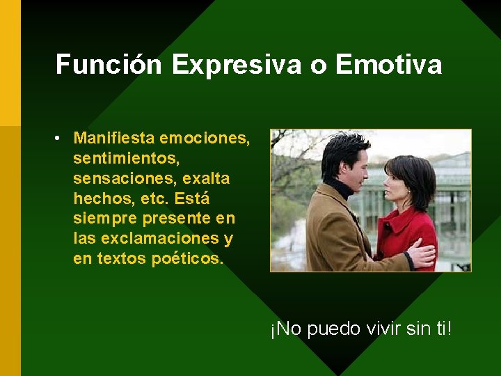 Función Expresiva o Emotiva • Manifiesta emociones, sentimientos, sensaciones, exalta hechos, etc. Está siempre
