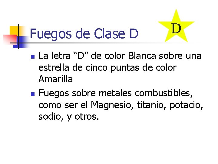 Fuegos de Clase D n n D La letra “D” de color Blanca sobre