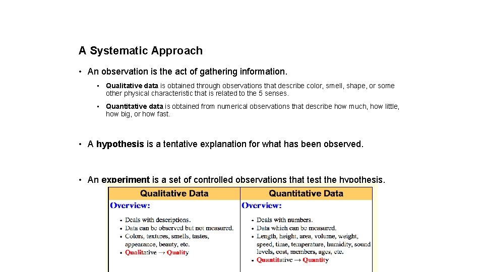 A Systematic Approach • An observation is the act of gathering information. • Qualitative