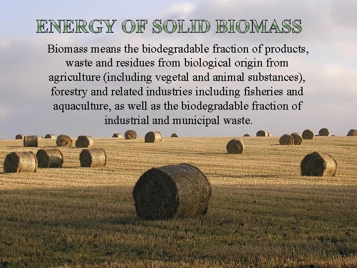 Biomass means the biodegradable fraction of products, waste and residues from biological origin from