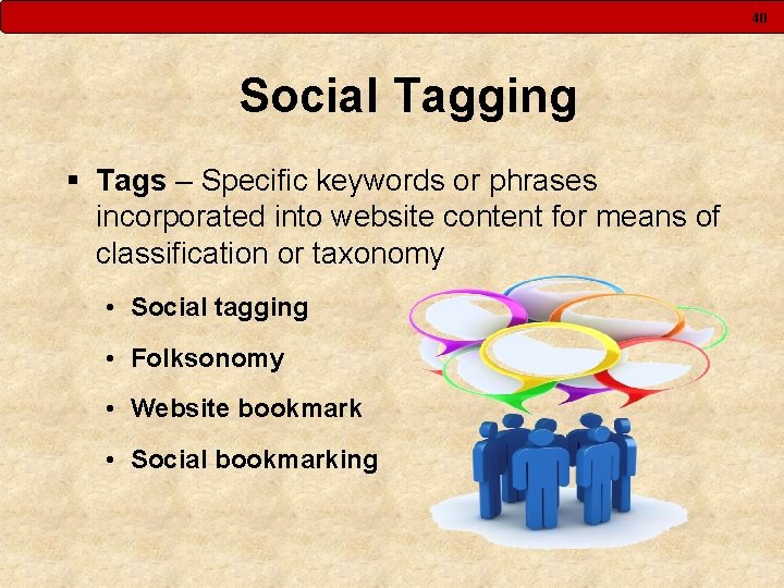 40 Social Tagging § Tags – Specific keywords or phrases incorporated into website content