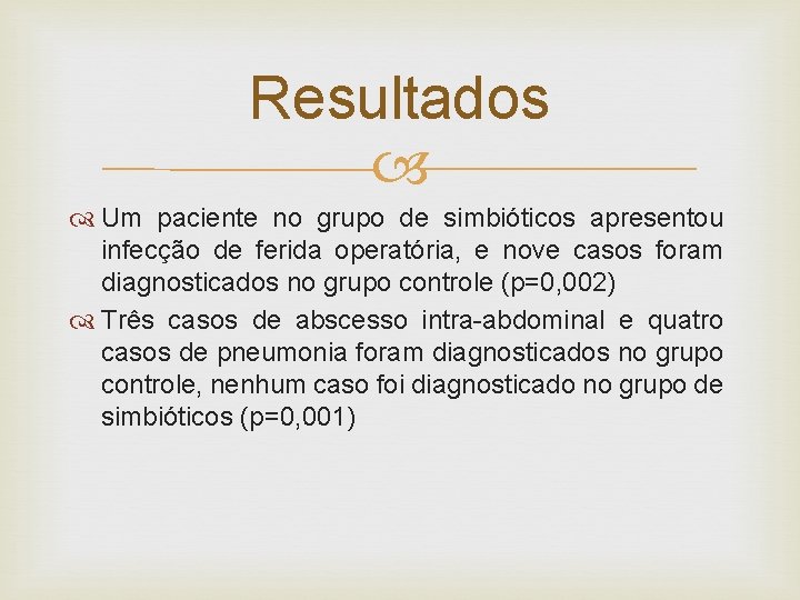 Resultados Um paciente no grupo de simbióticos apresentou infecção de ferida operatória, e nove