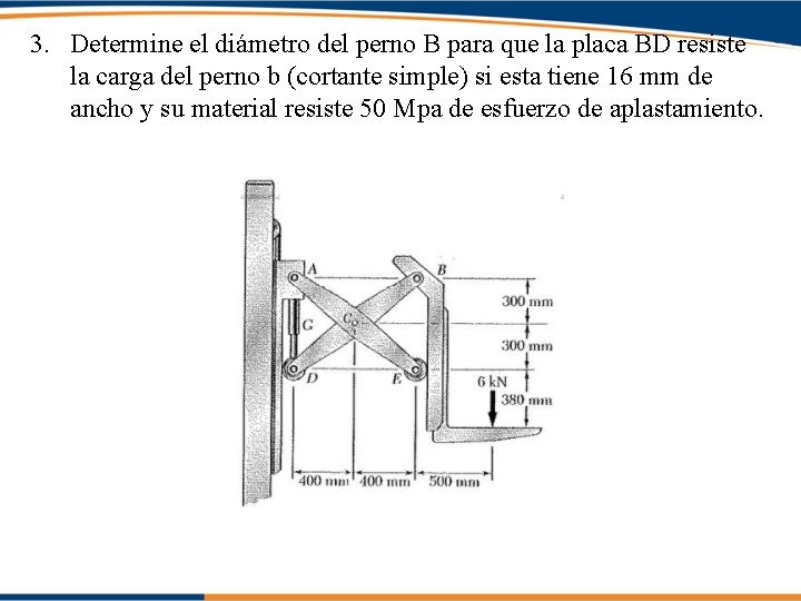 3. Determine el diámetro del perno B para que la placa BD resiste la