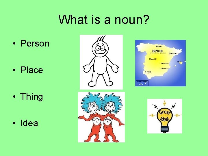 What is a noun? • Person • Place • Thing • Idea 