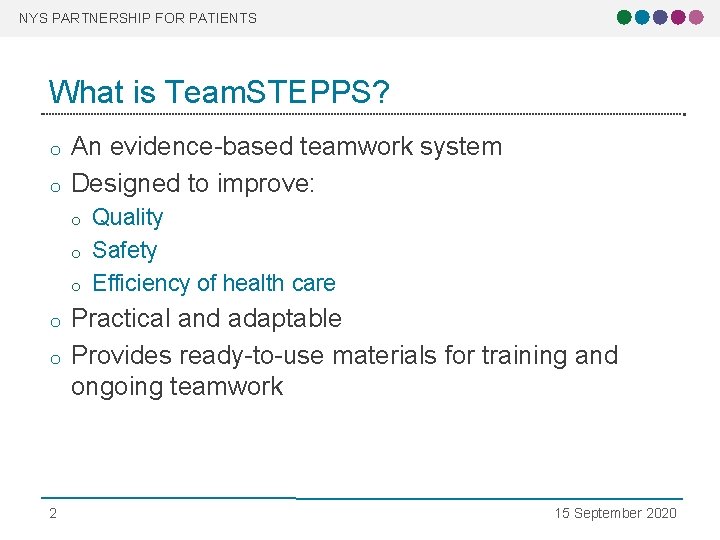 NYS PARTNERSHIP FOR PATIENTS What is Team. STEPPS? o o An evidence-based teamwork system