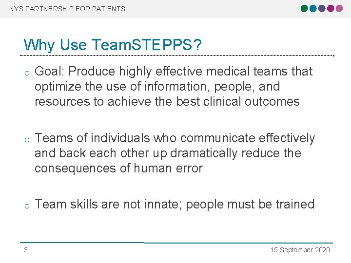 NYS PARTNERSHIP FOR PATIENTS Why Use Team. STEPPS? o Goal: Produce highly effective medical
