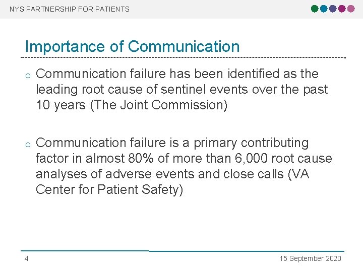 NYS PARTNERSHIP FOR PATIENTS Importance of Communication o Communication failure has been identified as