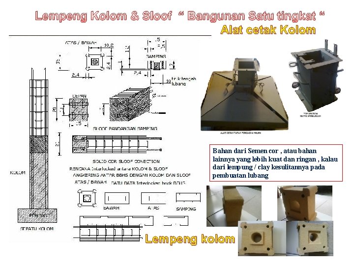 Lempeng Kolom & Sloof “ Bangunan Satu tingkat “ Alat cetak Kolom Bahan dari