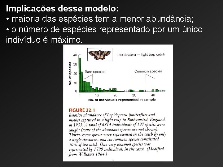 Implicações desse modelo: • maioria das espécies tem a menor abundância; • o número Implicações desse modelo: • maioria das espécies tem a menor abundância; • o número