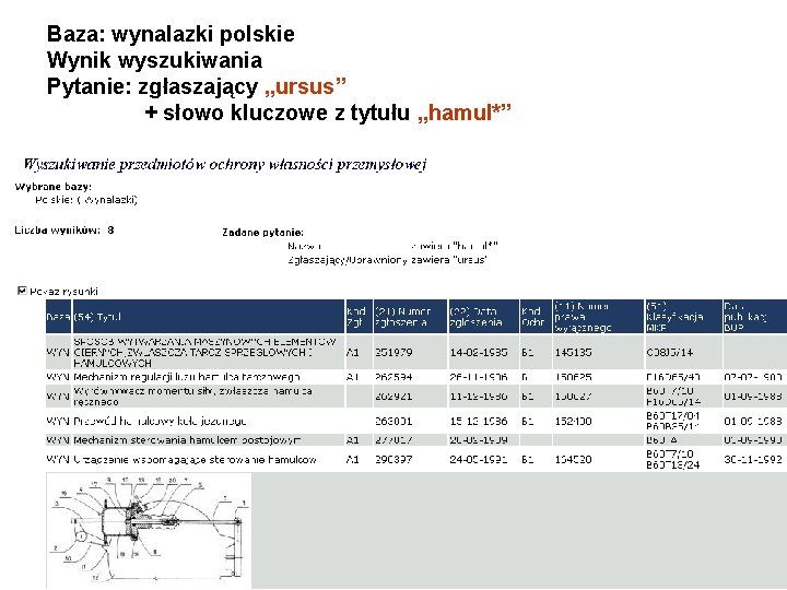 Baza: wynalazki polskie Wynik wyszukiwania Pytanie: zgłaszający „ursus” + słowo kluczowe z tytułu „hamul*”