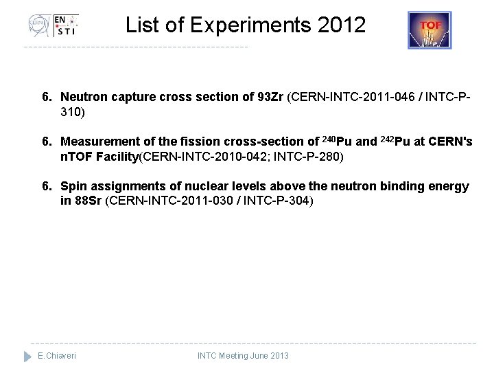 List of Experiments 2012 6. Neutron capture cross section of 93 Zr (CERN-INTC-2011 -046