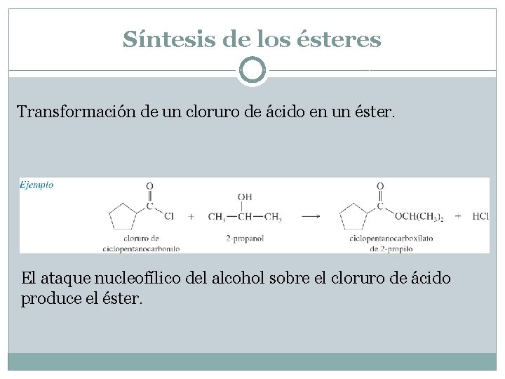 Síntesis de los ésteres Transformación de un cloruro de ácido en un éster. El