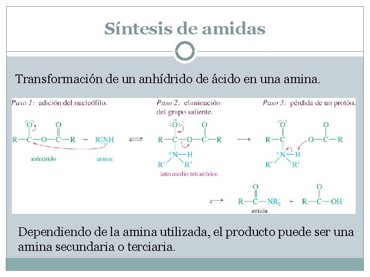 Síntesis de amidas Transformación de un anhídrido de ácido en una amina. Dependiendo de