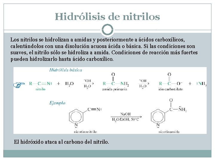 Hidrólisis de nitrilos Los nitrilos se hidrolizan a amidas y posteriormente a ácidos carboxílicos,