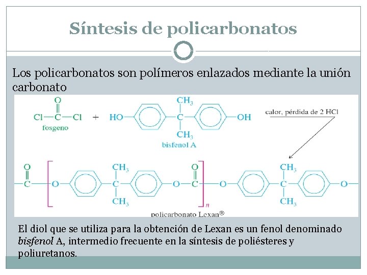 Síntesis de policarbonatos Los policarbonatos son polímeros enlazados mediante la unión carbonato El diol
